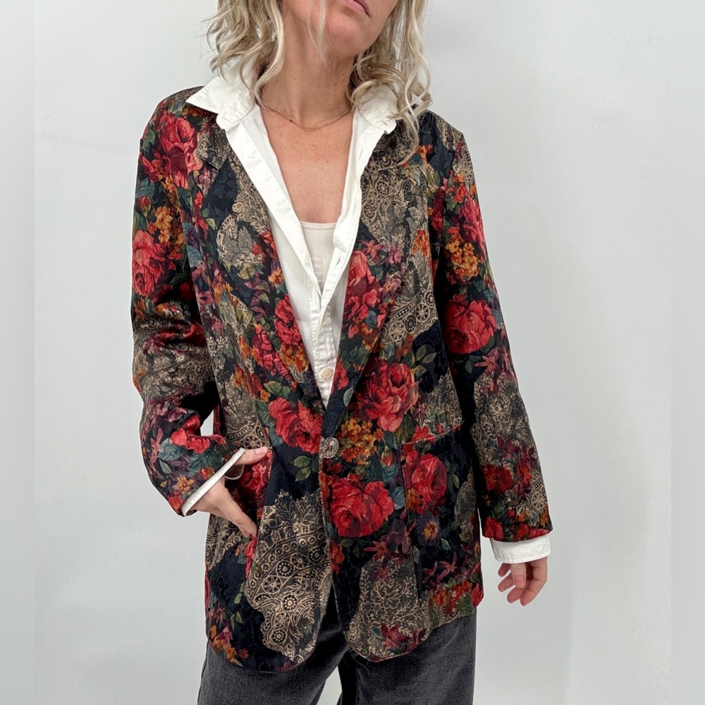 Vintage Floral Brocade Blazer Jacket Med Romantic 80s Dark Cottage Poet Academia